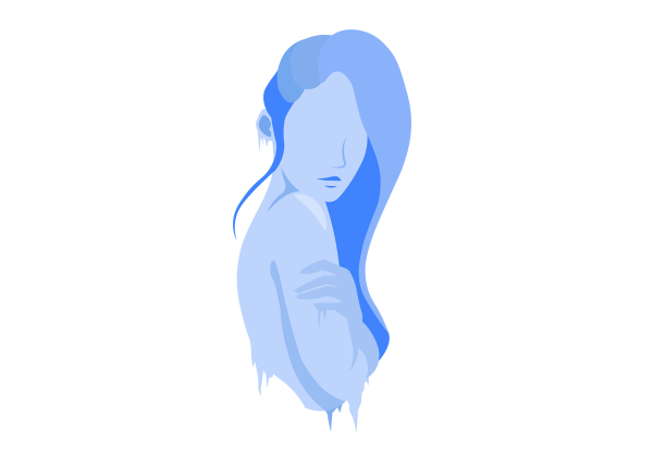 An illustration of a woman from the waist up in side profile showing her right side. Her skin and hair are blue, and her arms are crossed in front of her. Icicles hang from her fingers, torso, and ear.