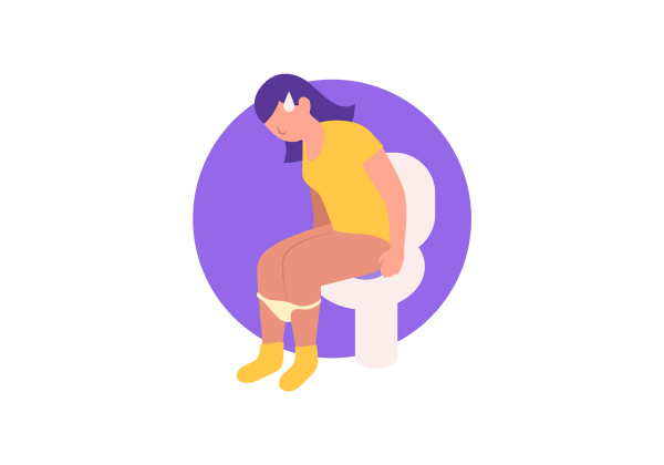 An illustration of a woman bent over while sitting on a toilet. A big sweat drop drips from her forehead. She is wearing a yellow t shirt, yellow socks, and light yellow underwear hangs around her calves. Her hair is dark purple and the background is a lighter purple circle.