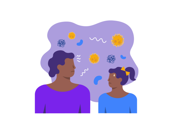 An illustration of a woman and child looking at each other. A purple cloud filled with virus shapes is behind and above them. The child has a sweat drop on her forehead, showing anxiety. Her hair is in a ponytail with a yellow bow and she is wearing a blue long-sleeved shirt. The woman has short curly hair and is wearing a purple long-sleeved shirt. Both have medium brown skin.