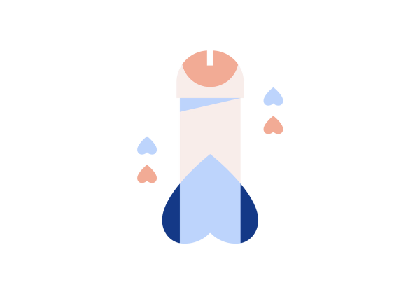 An illustration of an upright penis and scrotum. The penis is light pink and the scrotum is dark blue. The tip of the penis darker pink, and there are two sets of pink and blue upside down hearts on either side of the penis.