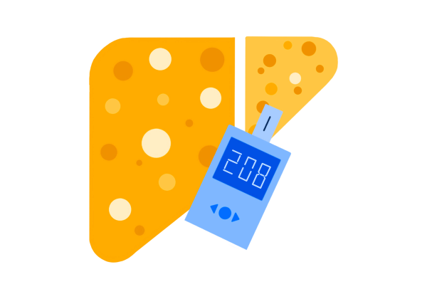 An illustration of a liver with cirrhosis. It is yellow with darker and lighter spots. A blue glucometer (blood sugar reader) is in front of the liver, with the number "208" on the screen, indicating high blood sugar.