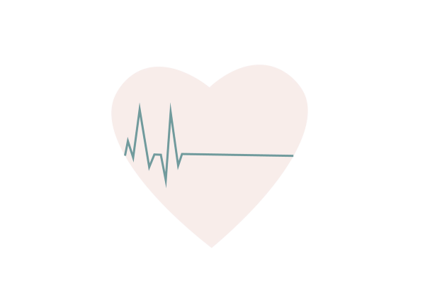 A pink heart with a dark green EKG line going through it. The line flatlines halfway across.