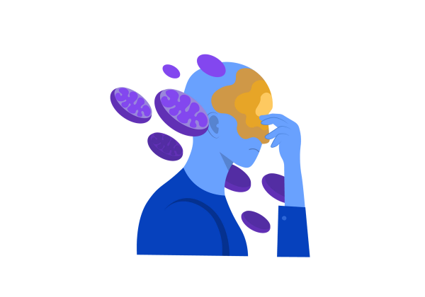 An illustration of a person from the side. Their skin is blue and their hand is resting on their forehead. Their forehead is yellow and splotchy. Purple disc shapes surround their head. They are wearing a blue long sleeved t shirt.