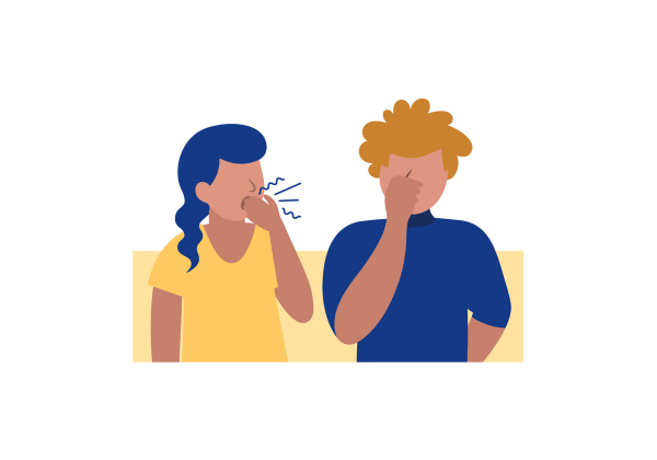 An illustration of two people side by side from the waist up. The woman on the left has medium peach-toned skin and blue curly hair and is covering her open mouth with her left hand. Blue lines and squiggles come out of her mouth. She is wearing a yellow short-sleeved t-shirt. The man on the right is covering his mouth and nose, he has the same skin tone as the woman and has short, curly, red hair. He is wearing a dark blue turtleneck short-sleeved shirt. The background is a light yellow rectangle at the bottom of the image up to just under their shoulders.