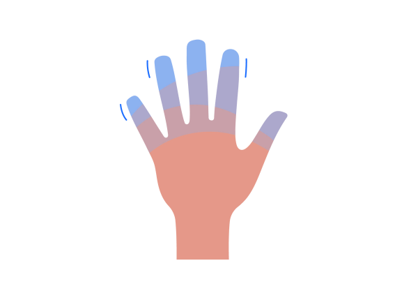 Hand mit einem blauen Farbverlauf, der an den Fingerspitzen beginnt und zur Handfläche hin heller wird. Drei Schauerlinien umgeben die Finger.