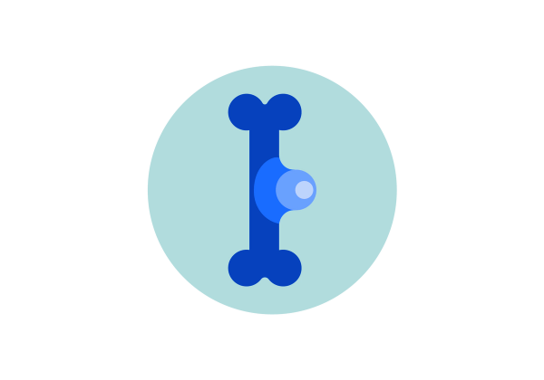 An illustration of a vertical medium blue bone with a lump sticking out of the right side of it. It gets lighter in color towards the center. The bone is inside of a larger light green circle.