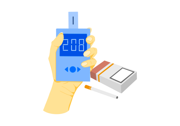 An illustration of a hand holding a blue glucometer, or blood sugar monitor, in front of a pack of cigarettes with a loose cigarette lying next to the box. The person's hand is yellow, the glucometer is blue and reads "208," and the box of cigarettes is white with a red top and a gold strip across it. The cigarette has an orange filter.