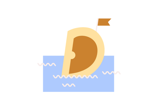 A yellow ear floating on water, with a flag on it, like a ship.