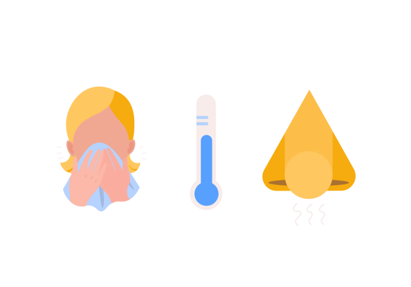 A set of three illustrations in a row. The first is of a woman blowing her nose, the second is of a pink and blue mercury thermometer, the third is a close-up of a nose.