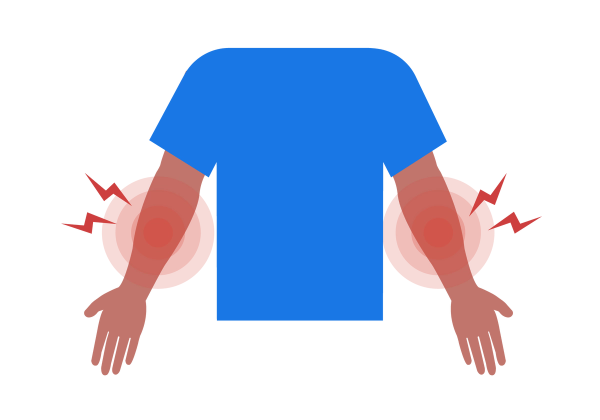 A torso in a blue short sleeved shirt. The arms are out to the sides and red concentric circles and red lightning bolts emanate from both forearms.