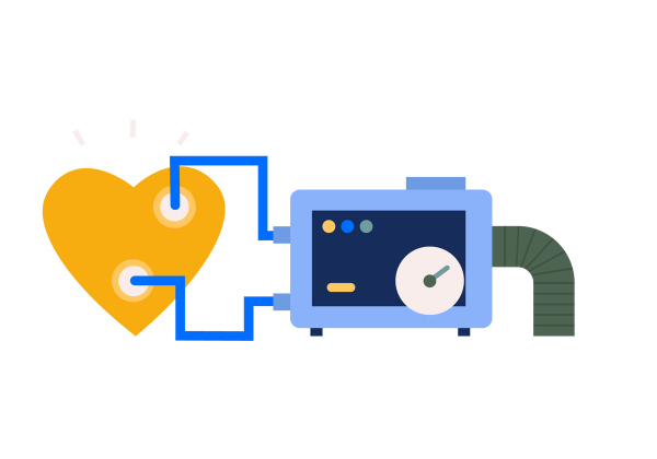 A yellow heart on the left next to a pacemaker. Blue tubes connect the pacemaker to the heart and there are white circles where they connect. A green tube extends to the right and downwards from the pacemaker.