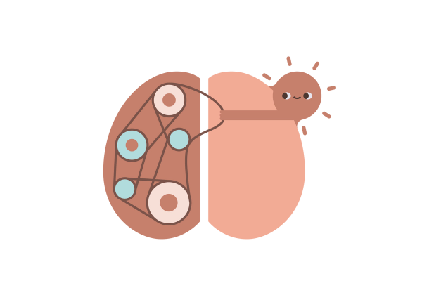 Dos mitades de un cerebro, el izquierdo de un rosa más oscuro y el derecho de un rosa más claro. Hay un sistema de engranajes y bandas en el lado izquierdo tirado por una protuberancia de color rosa oscuro con una cara sonriente en el lado derecho.