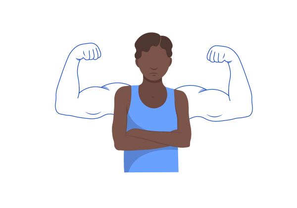 An illustration of a frowning man with his arms crossed in front of him. His upper arms are small. Blue outlines of two large flexed arms extend from where his shoulders are. He is wearing a light blue tank top and has dark brown curly hair.