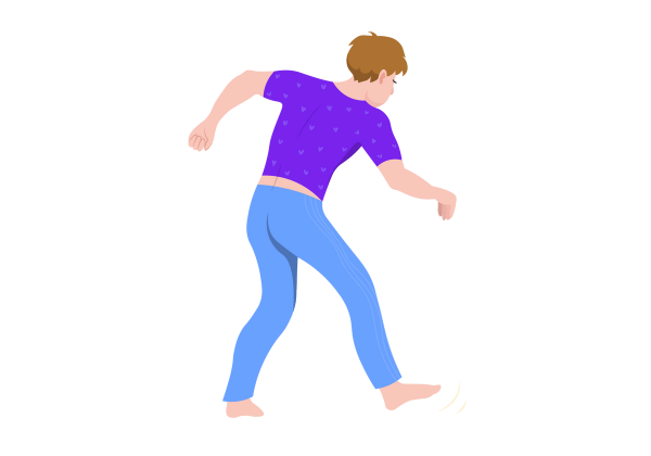 An illustration of a person from the back at a slight angle. Their arms are splayed out to the sides, and they are taking an irregular step. They are slightly hunched over. They are wearing blue pants and a purple short sleeved t shirt, and they have short auburn hair.