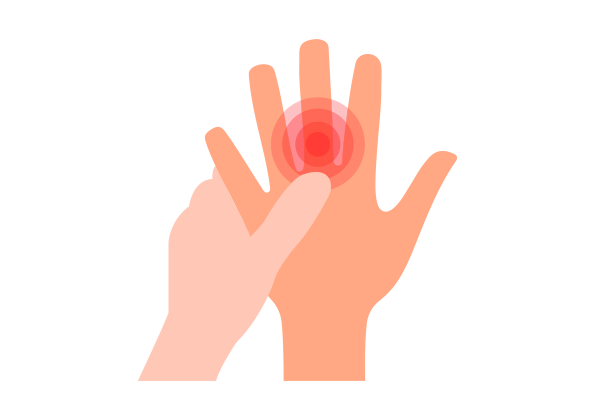 An illustration of a hand with outstretched fingers. The skin is medium peach-toned, and a second, slightly lighter hand holds the knuckle of the middle finger of the first hand. Red concentric circles come from a spot close to the knuckle on the hand, showing pain.