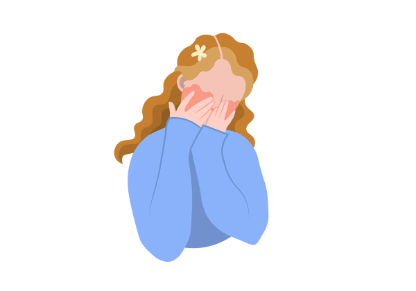 An illustration of a woman covering her face with her hands. Her cheeks are red underneath her fingers. She has long wavy light brown hair and is wearing a long-sleeved blue sweater and a flower clip in her hair.