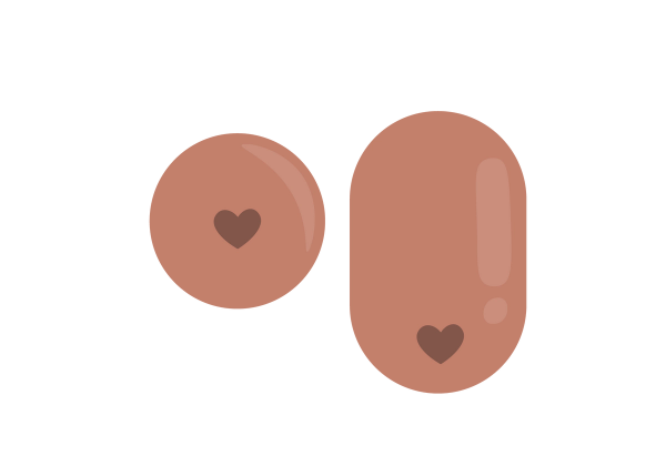 Two brown breasts with darker brown heart-shaped nipples. The left one is a circle, the right is a longer oval.