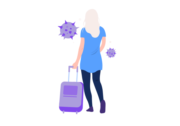 An illustration of a woman facing away, rolling a purple suitcase behind her. Two purple viruses float next to her.