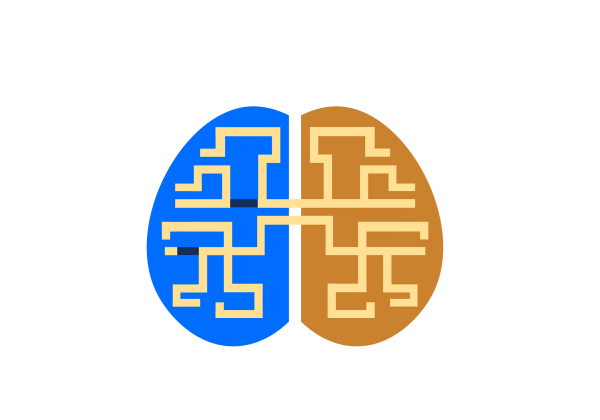 A brain with a blue left half and a dark orange right half. Yellow zig-zagging tubes fill both sides. Two of the segments on the left side are blackened.