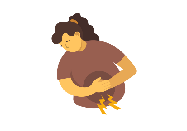 An illustration of a woman bent over with her hands over her abdomen. A dark brown spot is on her stomach underneath her hands. Two yellow lightning bolts come out from the circle, showing pain. The woman has her long dark brown curly hair in a ponytail and is wearing a lighter brown t-shirt.