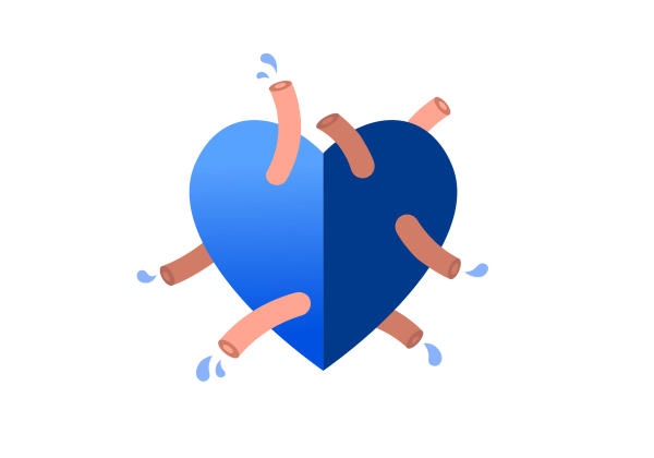 A heart divided down the middle. The left side is a medium blue and the right side is darker blue. Pink tubes come out of the heart leaking light blue drops.