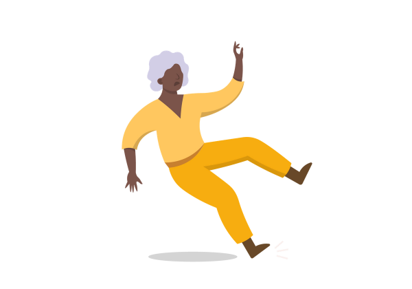 An older woman tripping and falling.