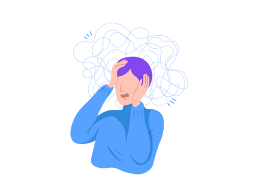 An illustration of a person with their hands on their face. Blue squiggly lines and white spots surround their head. They are wearing a blue turtleneck and have purple hair.