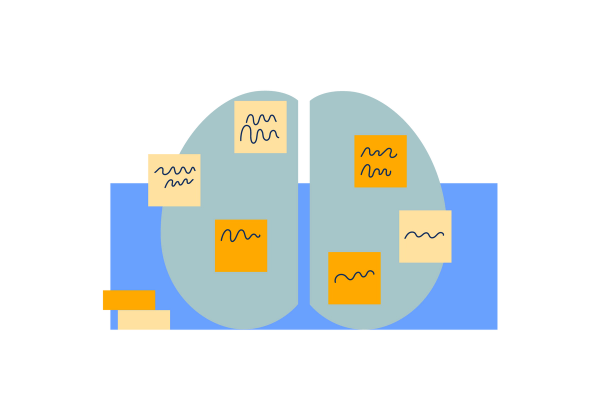 Zwei Hälften eines grünen Gehirns mit gelben und orangefarbenen Haftnotizen darüber. Hinter dem Gehirn befindet sich ein blaues Kästchen.