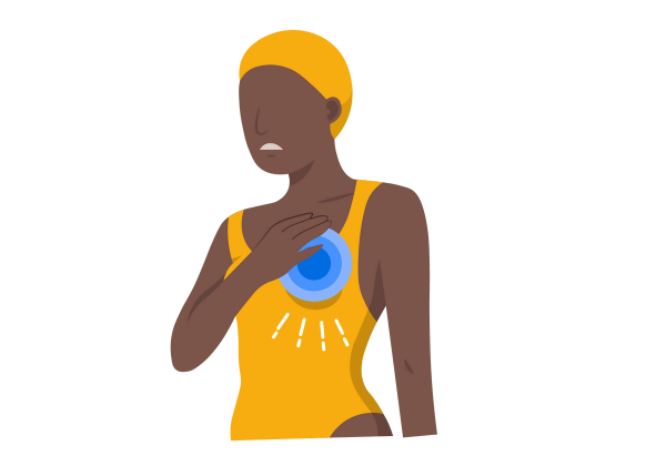 A frowning woman wearing a yellow bathing suit and a yellow swim cap. The woman holds her right hand over her heart, and blue concentric circles radiate from underneath her hand. Four white lines emanate from the heart.