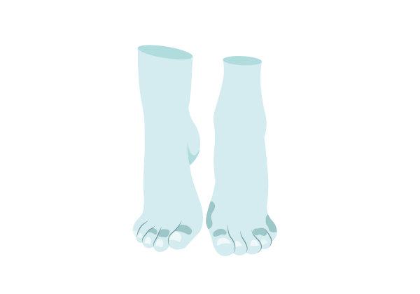 An illustration of two light-green feet with toes on the ground. There are darker splotches around the toes and the toenails are s very light shade of green.