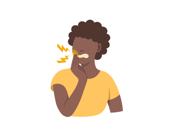 An illustration of a grimacing woman holding her right jaw. A yellow spot is on her jaw, emanating two yellow lightning bolts. She has dark brown curly hair and is wearing a yellow short-sleeved t-shirt.