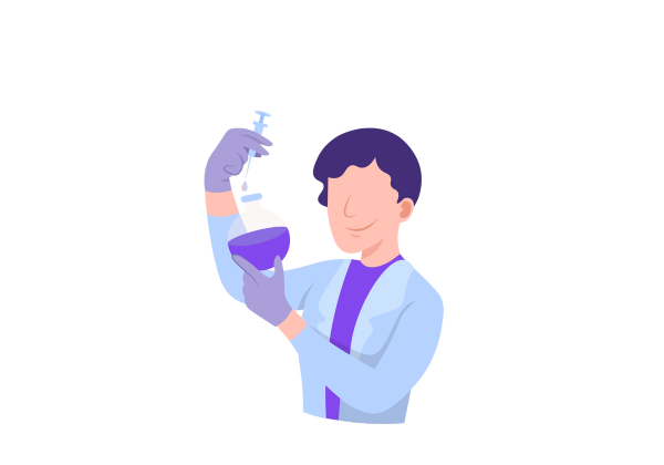 An illustration of a scientist squirting liquid from a syringe into a beaker filled with purple liquid. The scientist is wearing a light blue lab coat, a purple shirt, and light purple gloves. He is smiling.