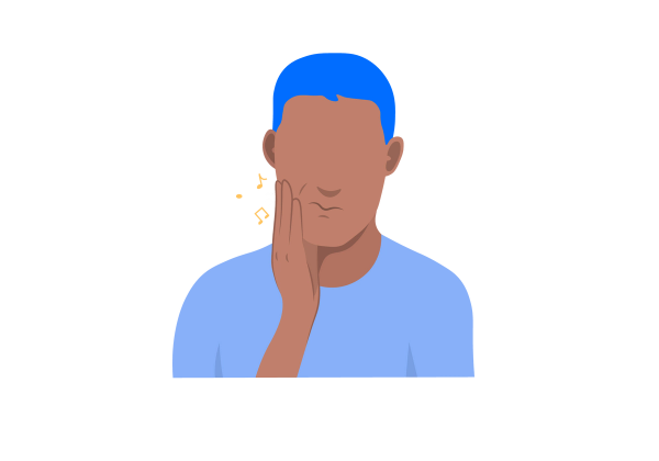 An illustration of a man holding his jaw in his hand. There are small yellow music notes by his jaw to represent clicking. The man is wearing a light blue t-shirt and has short medium blue hair.