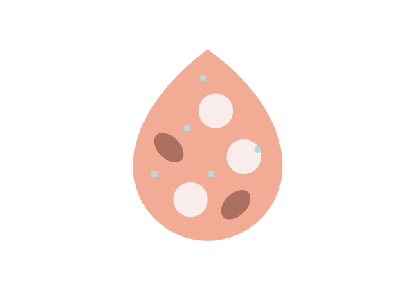 An illustration of a drop of light red blood. There are a few ovals and circles inside of the droplet in light pink, dark red, and tiny circles of light green.