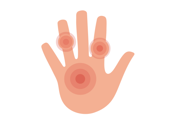 A hand with pink concentric circles emanating from the palm, the ring finger, and the index finger.