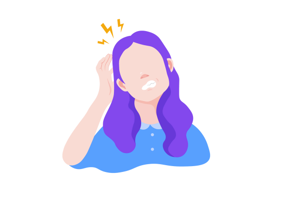 An illustration of a woman with her head tilted slightly back and to the side. Her hand is next to her scalp, where three yellow lightning bolts show pain. The woman has long purple hair and is wearing a blue short-sleeved collared shirt.