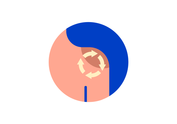 Shoulder with four arrows making a circle on top of it. It is within a dark blue circle.