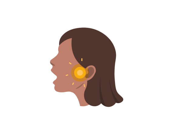 An illustration of the side profile of a woman with her mouth open. Yellow concentric circles emanate from her jaw, as well as five lines showing pain.