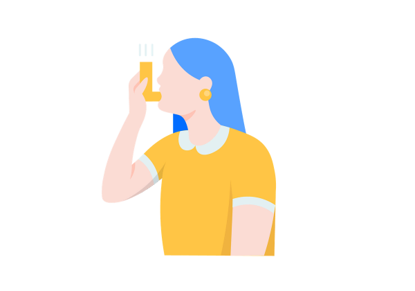 A woman with blue hair and yellow shirt using an inhaler