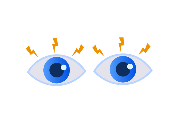 An illustration of two eyes. The outlines are light blue. The irises are medium blue with dark blue pupils. Three yellow lightning bolts emanate from the top of each eye.