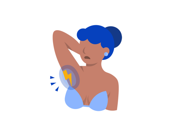 A woman with an arm raised. A lightning bolt symbol is on her armpit, signifying pain.