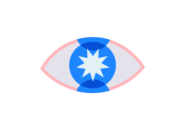 An illustration of an eye with a pink outline. The iris is blue with a pointed flash in the center. Two blue half circles partially overlap the iris from the top and bottom of the eye.