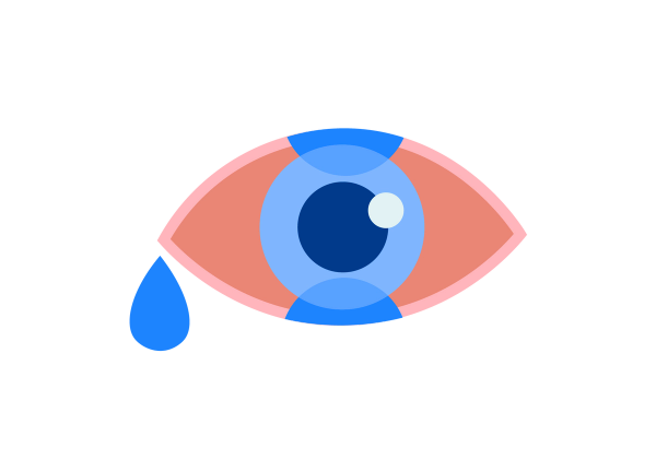 An illustration of a red eye with a lighter red outline. The iris is light blue, the pupil is dark blue. Medium blue half circles overlap the top and bottom of the eye and a blue tear drips from the left corner of the eye.