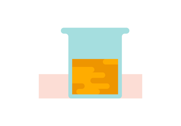 An illustration of a green sample cup halfway full of yellow and brown urine. A light pink rectangle is the background.