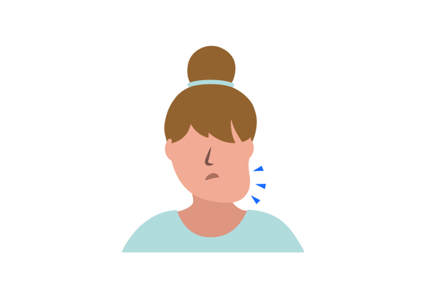 An illustration of a woman from the shoulders up with her left cheek bulging out and three blue triangles coming from the bulge. She is frowning, she has light peach-toned skin and light brown hair tied up in a bun with a light green hairtie that matches her t-shirt.