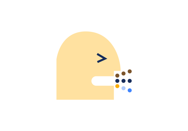 An illustration of a yellow side profile head facing right. The eye is scrunched and the mouth is open, three lines of three dots each come from the mouth. The top line is brown, the middle black, and the bottom yellow, light blue, and medium blue.