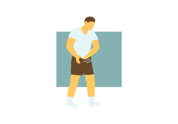 An illustration of a man scratching under his shorts. His shirt is light green, his shorts are brown. The background is a medium green rectangle.