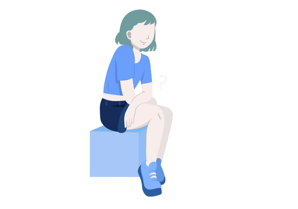 An illustration of a three-quarter view of a young woman sitting on a light blue block with her arms crossed in front of her, leaning on her thighs. Her skin is a very light and pale peach tone. There is a white question mark to the right of her body. She is wearing a medium blue short-sleeved crop top, high-waisted dark blue denim shorts, and blue sneakers. Her short hair with bangs is light green.