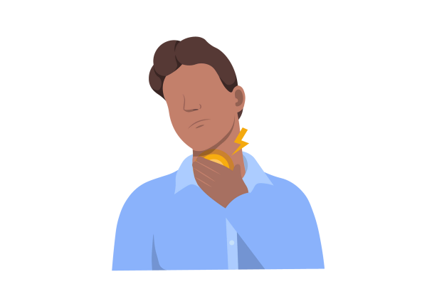 An illustration of a man tilting his head back and to the side. He holds his neck with one hand. A yellow circle sits under his hand on the front of his neck, emanating a yellow lightning bolt to show pain. The man is wearing a light blue collared shirt and has brown hair.