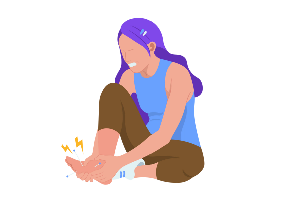 An illustration of a woman sitting with one leg bent against the ground and the other bent with the knee pointing upward and her right foot in her hands. She is grimacing, showing white teeth, and white lines with blue circles at the end as well as two yellow lightning bolts come from the foot in her hands. She has long, purple hair, light peach-toned skin, and is wearing a blur tank top, brown capri leggings, and a light green sneaker on the other foot.